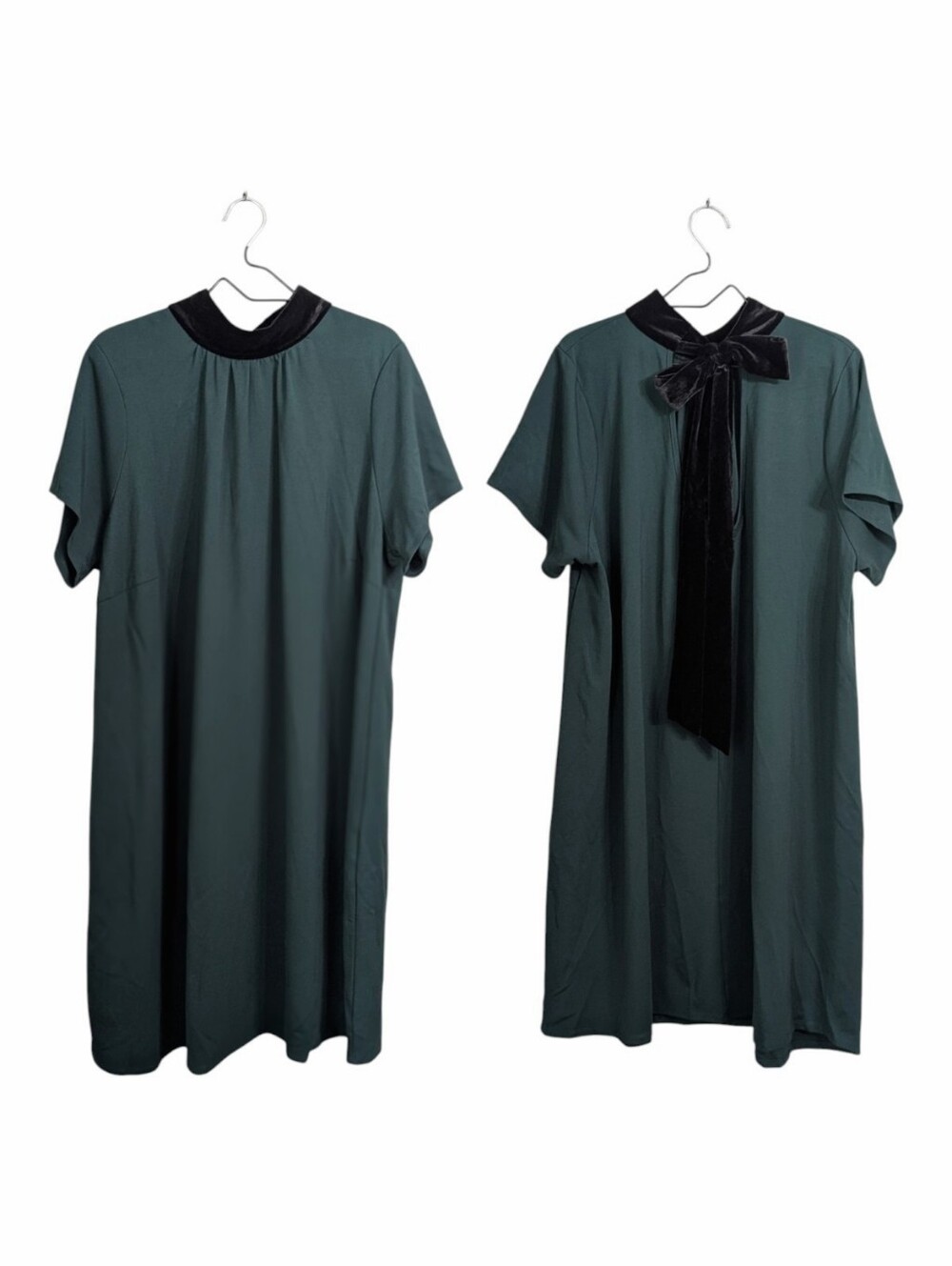 Eloquii Dark Green Knee Length Shift Dress Size 22 Mock Black Velvet Neck Bow